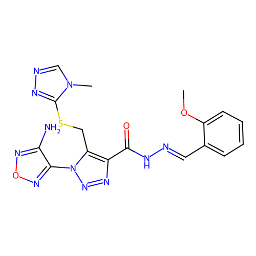(E)-1-(4-amino-1,2,5-oxadiazol-3-yl)-N'-(2-methoxybenzylidene)-5-(((4-methyl-4H-1,2,4-triazol-3-yl)thio)methyl)-1H-1,2,3-triazole-4-carbohydrazide structure