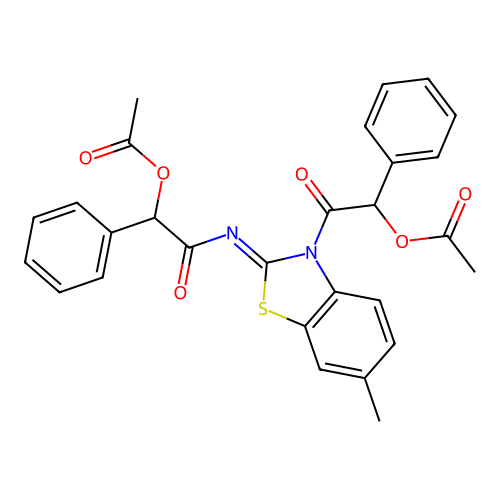 (Z)-2-((3-(2-acetoxy-2-phenylacetyl)-6-methylbenzo[d]thiazol-2(3H)-ylidene)amino)-2-oxo-1-phenylethyl acetate structure