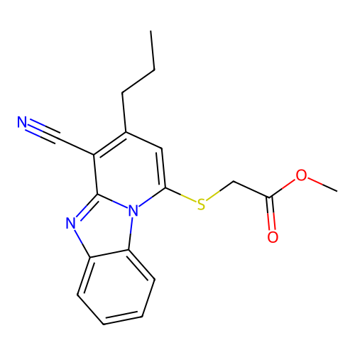 Methyl 2-(4-cyano-3-propylpyrido[1,2-a]benzimidazol-1-yl)sulfanylacetate structure