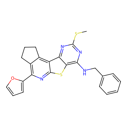 N-benzyl-4-(furan-2-yl)-9-(methylsulfanyl)-2,3-dihydro-1H-cyclopenta[4',5']pyrido[3',2':4,5]thieno[3,2-d]pyrimidin-7-amine structure