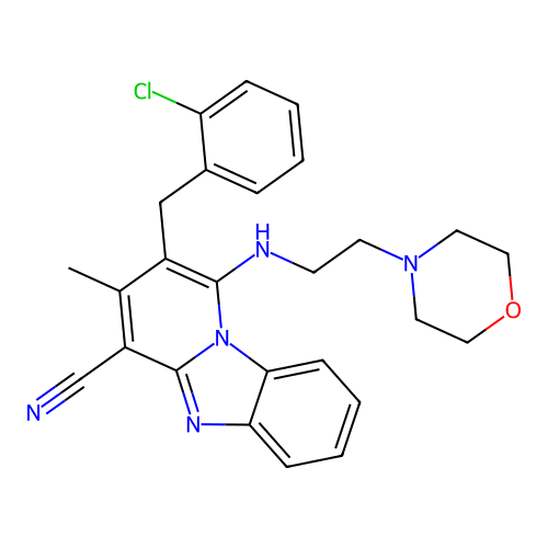 2-(2-chlorobenzyl)-3-methyl-1-((2-morpholinoethyl)amino)benzo[4,5]imidazo[1,2-a]pyridine-4-carbonitrile structure