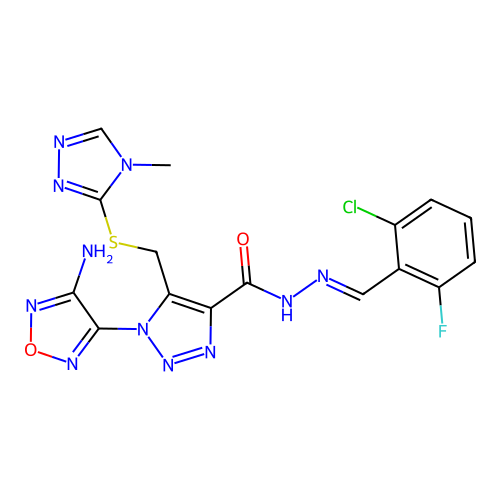 (E)-1-(4-amino-1,2,5-oxadiazol-3-yl)-N'-(2-chloro-6-fluorobenzylidene)-5-(((4-methyl-4H-1,2,4-triazol-3-yl)thio)methyl)-1H-1,2,3-triazole-4-carbohydrazide structure