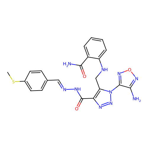 (E)-2-(((1-(4-amino-1,2,5-oxadiazol-3-yl)-4-(2-(4-(methylthio)benzylidene)hydrazinecarbonyl)-1H-1,2,3-triazol-5-yl)methyl)amino)benzamide structure