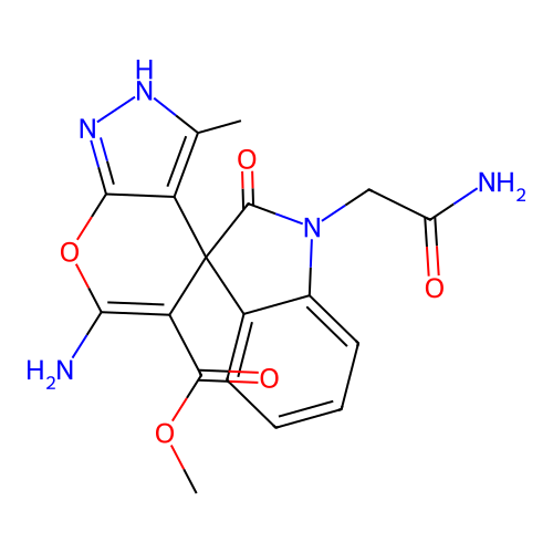 methyl 6'-amino-1-(2-amino-2-oxoethyl)-3'-methyl-2-oxo-1'H-spiro[indoline-3,4'-pyrano[2,3-c]pyrazole]-5'-carboxylate structure