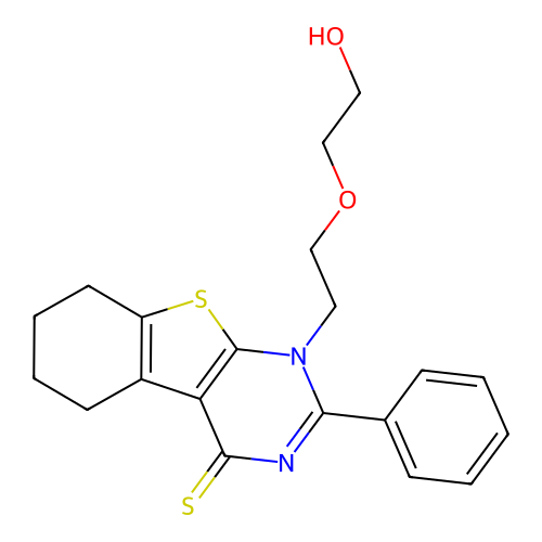 1-(2-(2-hydroxyethoxy)ethyl)-2-phenyl-5,6,7,8-tetrahydrobenzo[4,5]thieno[2,3-d]pyrimidine-4(1H)-thione structure