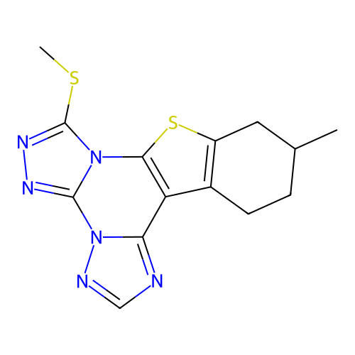 11-methyl-7-(methylsulfanyl)-10,11,12,13-tetrahydro[1]benzothieno[3,2-e]bis[1,2,4]triazolo[4,3-a:1',5'-c]pyrimidine structure