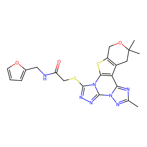 N-(furan-2-ylmethyl)-2-((2,12,12-trimethyl-12,13-dihydro-10H-pyrano[4',3':4,5]thieno[3,2-e]bis([1,2,4]triazolo)[4,3-a:1',5'-c]pyrimidin-7-yl)thio)acetamide structure