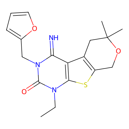 1-ethyl-3-(furan-2-ylmethyl)-4-imino-6,6-dimethyl-1,3,4,5,6,8-hexahydro-2H-pyrano[4',3':4,5]thieno[2,3-d]pyrimidin-2-one structure