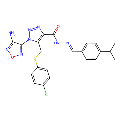 (E)-1-(4-amino-1,2,5-oxadiazol-3-yl)-5-(((4-chlorophenyl)thio)methyl)-N'-(4-isopropylbenzylidene)-1H-1,2,3-triazole-4-carbohydrazide structure
