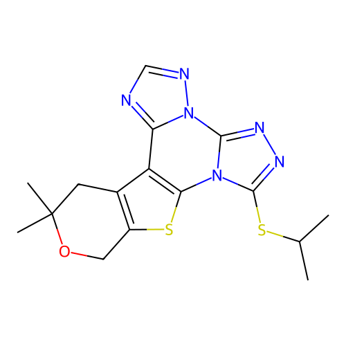 12,12-dimethyl-7-(propan-2-ylsulfanyl)-12,13-dihydro-10H-pyrano[4',3':4,5]thieno[3,2-e]bis[1,2,4]triazolo[4,3-a:1',5'-c]pyrimidine structure