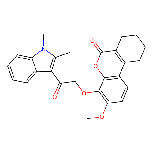 4-(2-(1,2-dimethyl-1H-indol-3-yl)-2-oxoethoxy)-3-methoxy-7,8,9,10-tetrahydro-6H-benzo[c]chromen-6-one structure