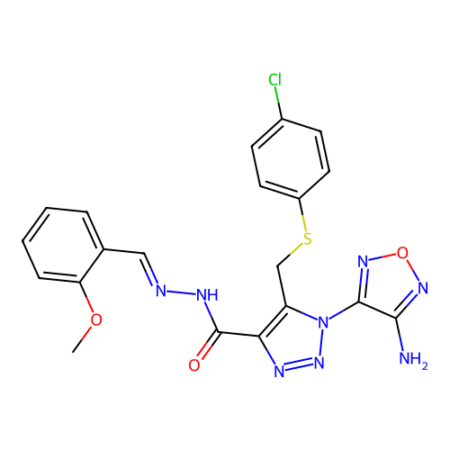 (E)-1-(4-amino-1,2,5-oxadiazol-3-yl)-5-(((4-chlorophenyl)thio)methyl)-N'-(2-methoxybenzylidene)-1H-1,2,3-triazole-4-carbohydrazide structure