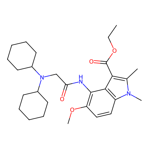 ethyl 4-(2-(dicyclohexylamino)acetamido)-5-methoxy-1,2-dimethyl-1H-indole-3-carboxylate structure