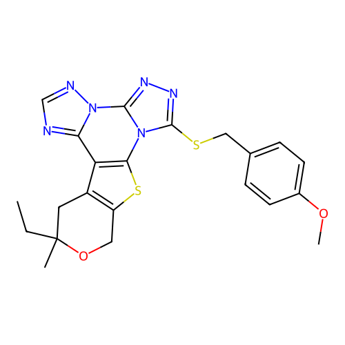 12-ethyl-7-[(4-methoxybenzyl)sulfanyl]-12-methyl-12,13-dihydro-10H-pyrano[4',3':4,5]thieno[3,2-e]bis[1,2,4]triazolo[4,3-a:1',5'-c]pyrimidine structure