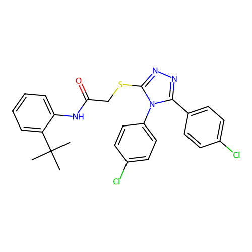 2-[[4,5-bis(4-chlorophenyl)-1,2,4-triazol-3-yl]sulfanyl]-N-(2-tert-butylphenyl)acetamide structure
