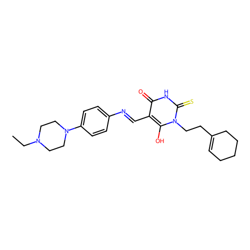 (E)-1-(2-(cyclohex-1-en-1-yl)ethyl)-5-(((4-(4-ethylpiperazin-1-yl)phenyl)amino)methylene)-2-thioxodihydropyrimidine-4,6(1H,5H)-dione structure