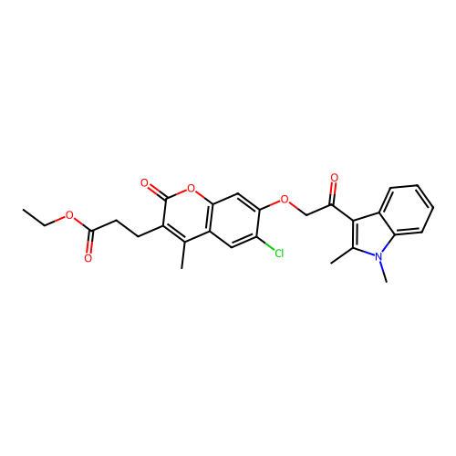 ethyl 3-(6-chloro-7-(2-(1,2-dimethyl-1H-indol-3-yl)-2-oxoethoxy)-4-methyl-2-oxo-2H-chromen-3-yl)propanoate structure