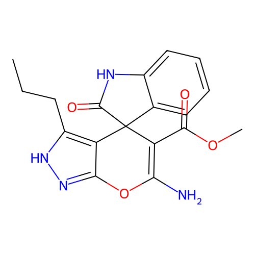 methyl 6'-amino-2-oxo-3'-propyl-1'H-spiro[indoline-3,4'-pyrano[2,3-c]pyrazole]-5'-carboxylate structure