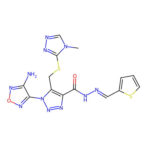 (E)-1-(4-amino-1,2,5-oxadiazol-3-yl)-5-(((4-methyl-4H-1,2,4-triazol-3-yl)thio)methyl)-N'-(thiophen-2-ylmethylene)-1H-1,2,3-triazole-4-carbohydrazide structure