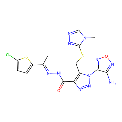(E)-1-(4-amino-1,2,5-oxadiazol-3-yl)-N'-(1-(5-chlorothiophen-2-yl)ethylidene)-5-(((4-methyl-4H-1,2,4-triazol-3-yl)thio)methyl)-1H-1,2,3-triazole-4-carbohydrazide structure