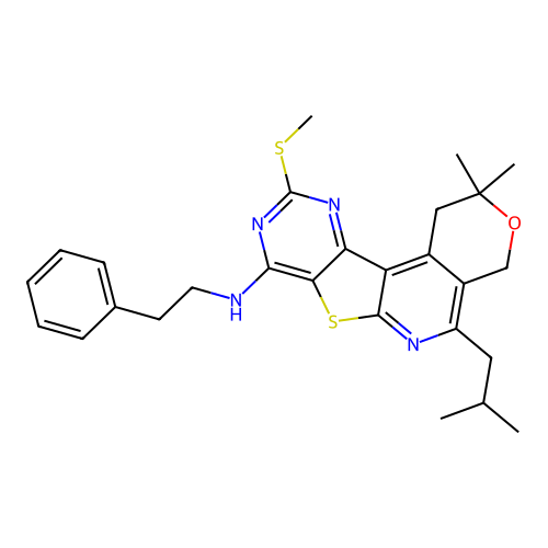 2,2-dimethyl-5-(2-methylpropyl)-10-(methylsulfanyl)-N-(2-phenylethyl)-1,4-dihydro-2H-pyrano[4'',3'':4',5']pyrido[3',2':4,5]thieno[3,2-d]pyrimidin-8-amine structure