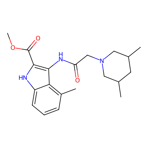 methyl 3-(2-(3,5-dimethylpiperidin-1-yl)acetamido)-4-methyl-1H-indole-2-carboxylate structure