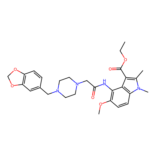 ethyl 4-({[4-(1,3-benzodioxol-5-ylmethyl)piperazin-1-yl]acetyl}amino)-5-methoxy-1,2-dimethyl-1H-indole-3-carboxylate structure