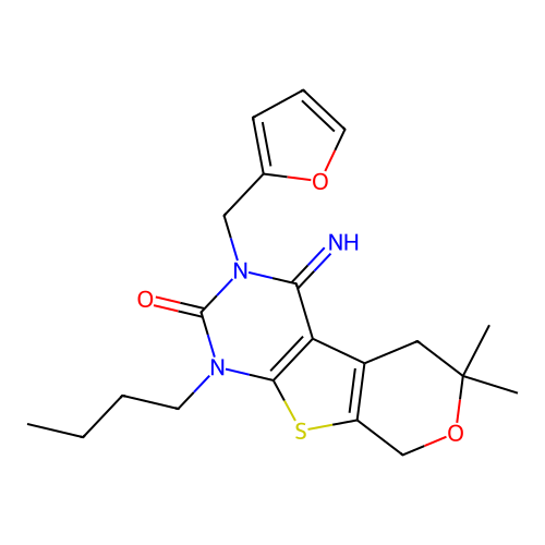 1-butyl-3-(furan-2-ylmethyl)-4-imino-6,6-dimethyl-1,3,4,5,6,8-hexahydro-2H-pyrano[4',3':4,5]thieno[2,3-d]pyrimidin-2-one structure