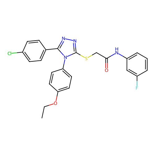 2-[[5-(4-chlorophenyl)-4-(4-ethoxyphenyl)-1,2,4-triazol-3-yl]sulfanyl]-N-(3-fluorophenyl)acetamide structure