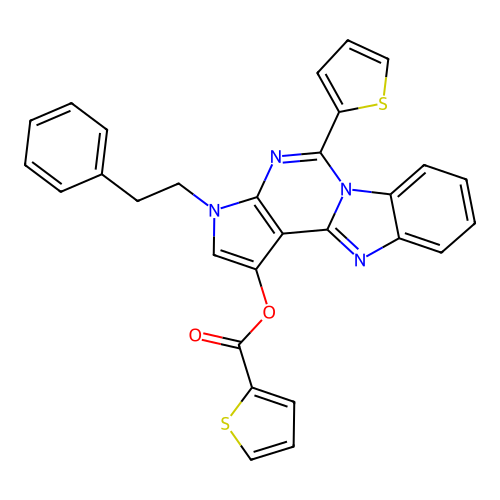 3-(2-phenylethyl)-5-(thiophen-2-yl)-3H-pyrrolo[2',3':4,5]pyrimido[1,6-a]benzimidazol-1-yl thiophene-2-carboxylate structure