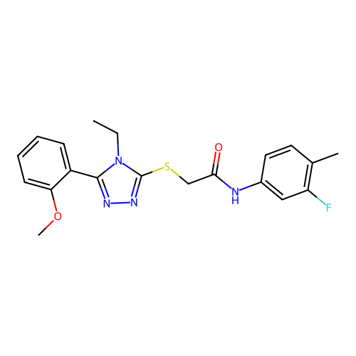 2-{[4-ethyl-5-(2-methoxyphenyl)-4H-1,2,4-triazol-3-yl]sulfanyl}-N-(3-fluoro-4-methylphenyl)acetamide structure
