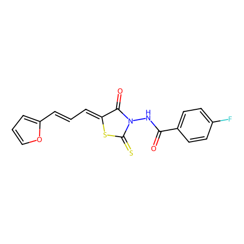 4-fluoro-N-((Z)-5-((E)-3-(furan-2-yl)allylidene)-4-oxo-2-thioxothiazolidin-3-yl)benzamide structure