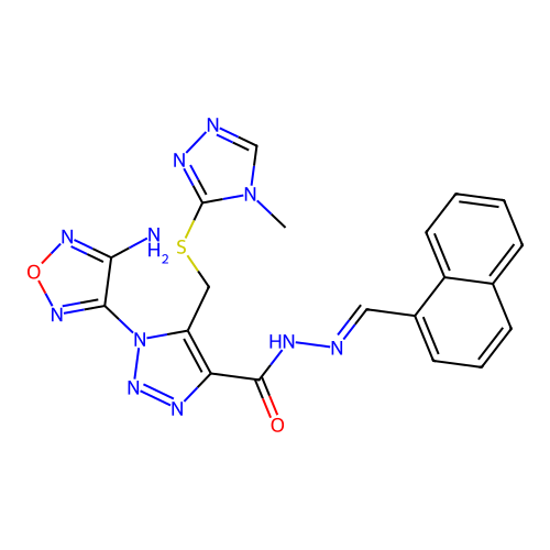 (E)-1-(4-amino-1,2,5-oxadiazol-3-yl)-5-(((4-methyl-4H-1,2,4-triazol-3-yl)thio)methyl)-N'-(naphthalen-1-ylmethylene)-1H-1,2,3-triazole-4-carbohydrazide structure