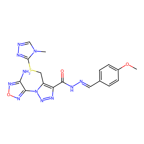 (E)-1-(4-amino-1,2,5-oxadiazol-3-yl)-N'-(4-methoxybenzylidene)-5-(((4-methyl-4H-1,2,4-triazol-3-yl)thio)methyl)-1H-1,2,3-triazole-4-carbohydrazide structure