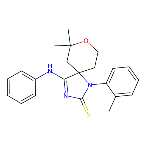 (Z)-7,7-dimethyl-4-(phenylimino)-1-(o-tolyl)-8-oxa-1,3-diazaspiro[4.5]decane-2-thione structure
