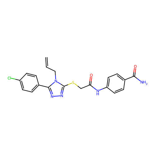 4-(2-((4-allyl-5-(4-chlorophenyl)-4H-1,2,4-triazol-3-yl)thio)acetamido)benzamide structure