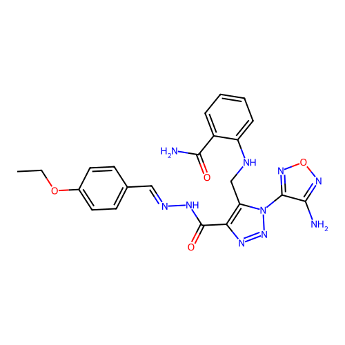 (E)-2-(((1-(4-amino-1,2,5-oxadiazol-3-yl)-4-(2-(4-ethoxybenzylidene)hydrazinecarbonyl)-1H-1,2,3-triazol-5-yl)methyl)amino)benzamide structure