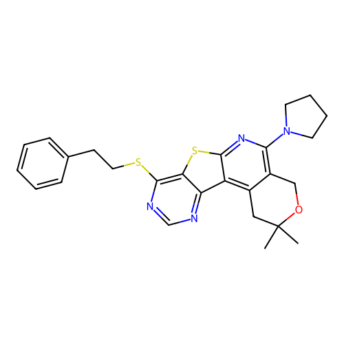 2,2-dimethyl-8-(phenethylthio)-5-(pyrrolidin-1-yl)-2,4-dihydro-1H-pyrano[4'',3'':4',5']pyrido[3',2':4,5]thieno[3,2-d]pyrimidine structure