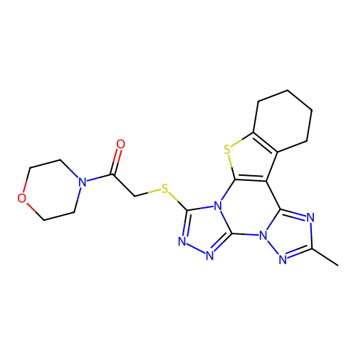 2-((2-methyl-10,11,12,13-tetrahydrobenzo[4,5]thieno[3,2-e]bis([1,2,4]triazolo)[4,3-a:1',5'-c]pyrimidin-7-yl)thio)-1-morpholinoethanone structure