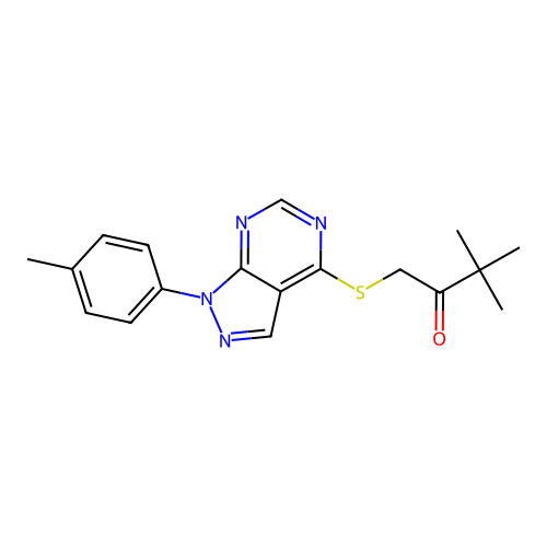 3,3-dimethyl-1-((1-(p-tolyl)-1H-pyrazolo[3,4-d]pyrimidin-4-yl)thio)butan-2-one structure