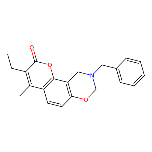 9-benzyl-3-ethyl-4-methyl-9,10-dihydro-2H,8H-chromeno[8,7-e][1,3]oxazin-2-one structure