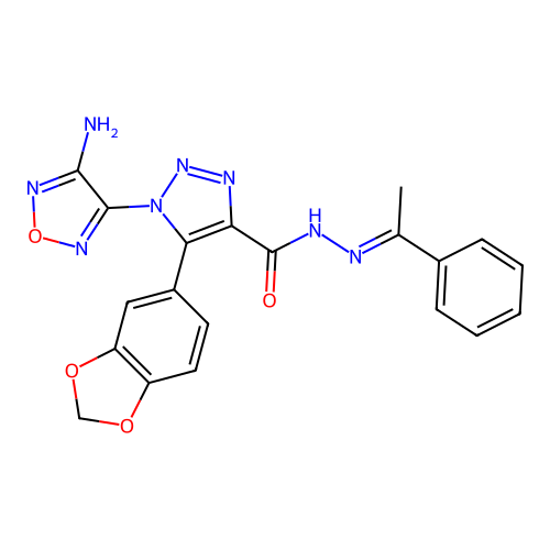 (E)-1-(4-amino-1,2,5-oxadiazol-3-yl)-5-(benzo[d][1,3]dioxol-5-yl)-N'-(1-phenylethylidene)-1H-1,2,3-triazole-4-carbohydrazide structure