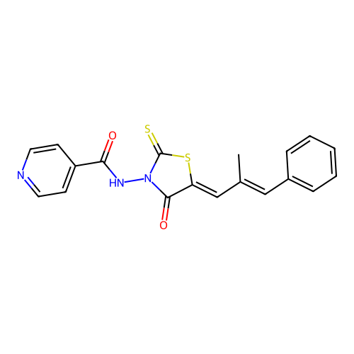 N-((Z)-5-((E)-2-methyl-3-phenylallylidene)-4-oxo-2-thioxothiazolidin-3-yl)isonicotinamide structure