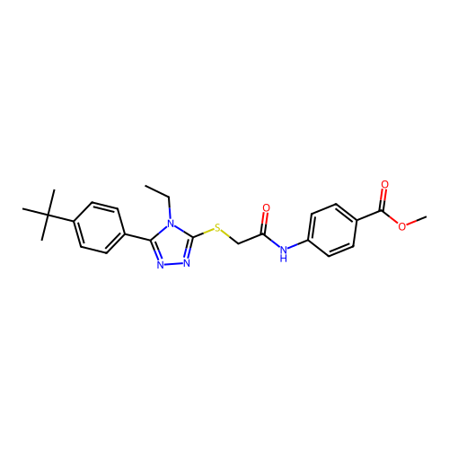 methyl 4-(2-((5-(4-(tert-butyl)phenyl)-4-ethyl-4H-1,2,4-triazol-3-yl)thio)acetamido)benzoate structure