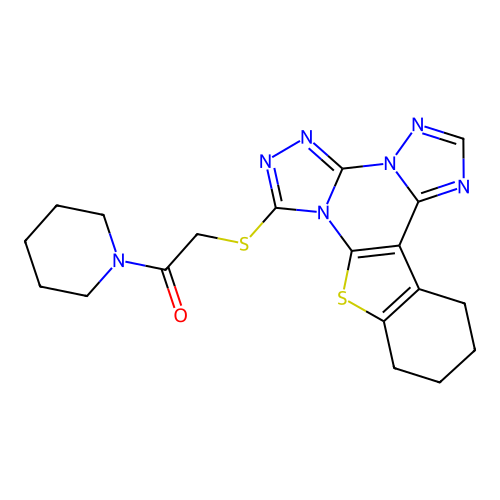 1-(piperidin-1-yl)-2-((10,11,12,13-tetrahydrobenzo[4,5]thieno[3,2-e]bis([1,2,4]triazolo)[4,3-a:1',5'-c]pyrimidin-7-yl)thio)ethanone structure