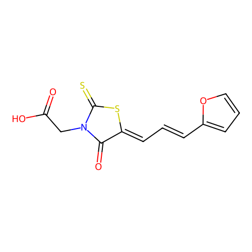 2-[5-((2E)-3-(2-furyl)prop-2-enylidene)-4-oxo-2-thioxo-1,3-thiazolidin-3-yl]ac etic acid structure