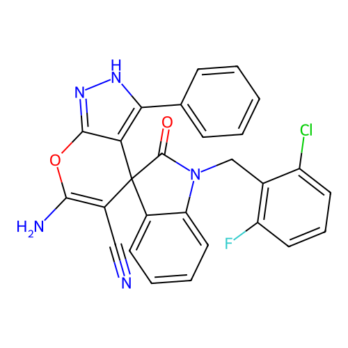 6'-amino-1-(2-chloro-6-fluorobenzyl)-2-oxo-3'-phenyl-1'H-spiro[indoline-3,4'-pyrano[2,3-c]pyrazole]-5'-carbonitrile structure