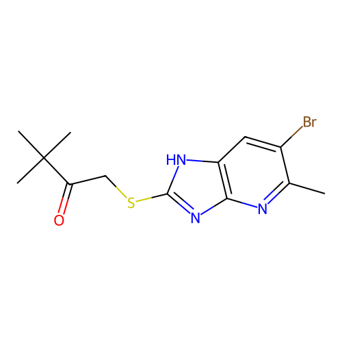 1-[(6-bromo-5-methyl-1H-imidazo[4,5-b]pyridin-2-yl)sulfanyl]-3,3-dimethylbutan-2-one structure