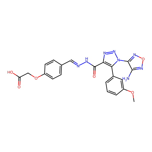 (E)-2-(4-((2-(1-(4-amino-1,2,5-oxadiazol-3-yl)-5-(3-methoxyphenyl)-1H-1,2,3-triazole-4-carbonyl)hydrazono)methyl)phenoxy)acetic acid structure