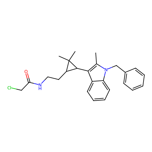 N-[2-[3-(1-benzyl-2-methyl-indol-3-yl)-2,2-dimethyl-cyclopropyl]ethyl]-2-chloro-acetamide structure